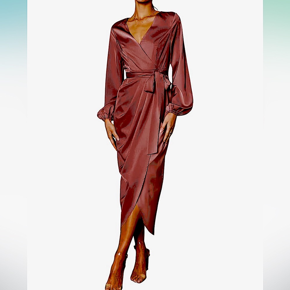 BROWN SATIN WRAP DRESS